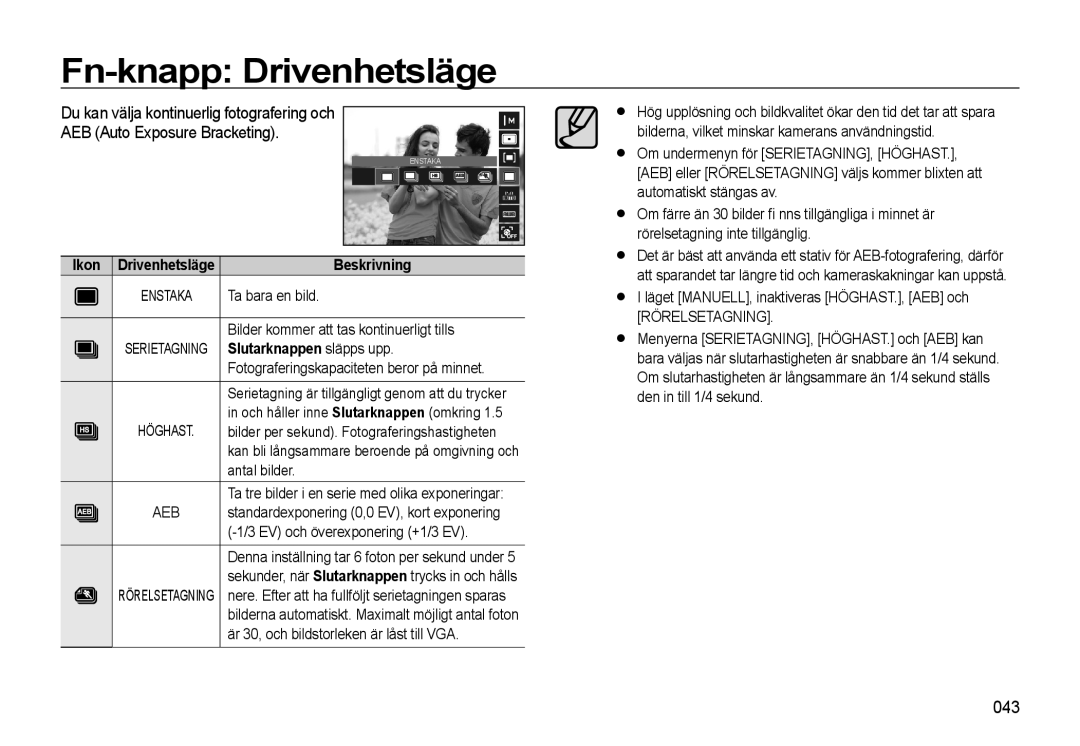 Samsung EC-WB550ABP/E2, EC-WB550BBP/E2 manual Fn-knapp Drivenhetsläge, 043, Slutarknappen släpps upp 