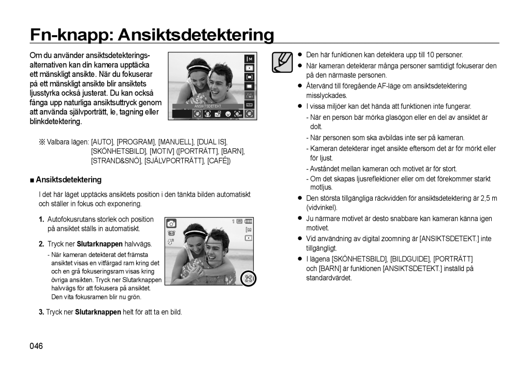 Samsung EC-WB550BBP/E2, EC-WB550ABP/E2 manual Fn-knapp Ansiktsdetektering, 046 