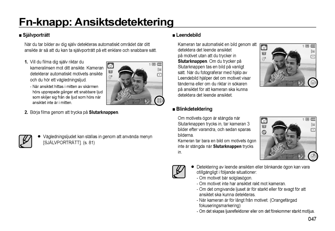 Samsung EC-WB550ABP/E2, EC-WB550BBP/E2 manual Självporträtt, Leendebild, Blinkdetektering, 047 