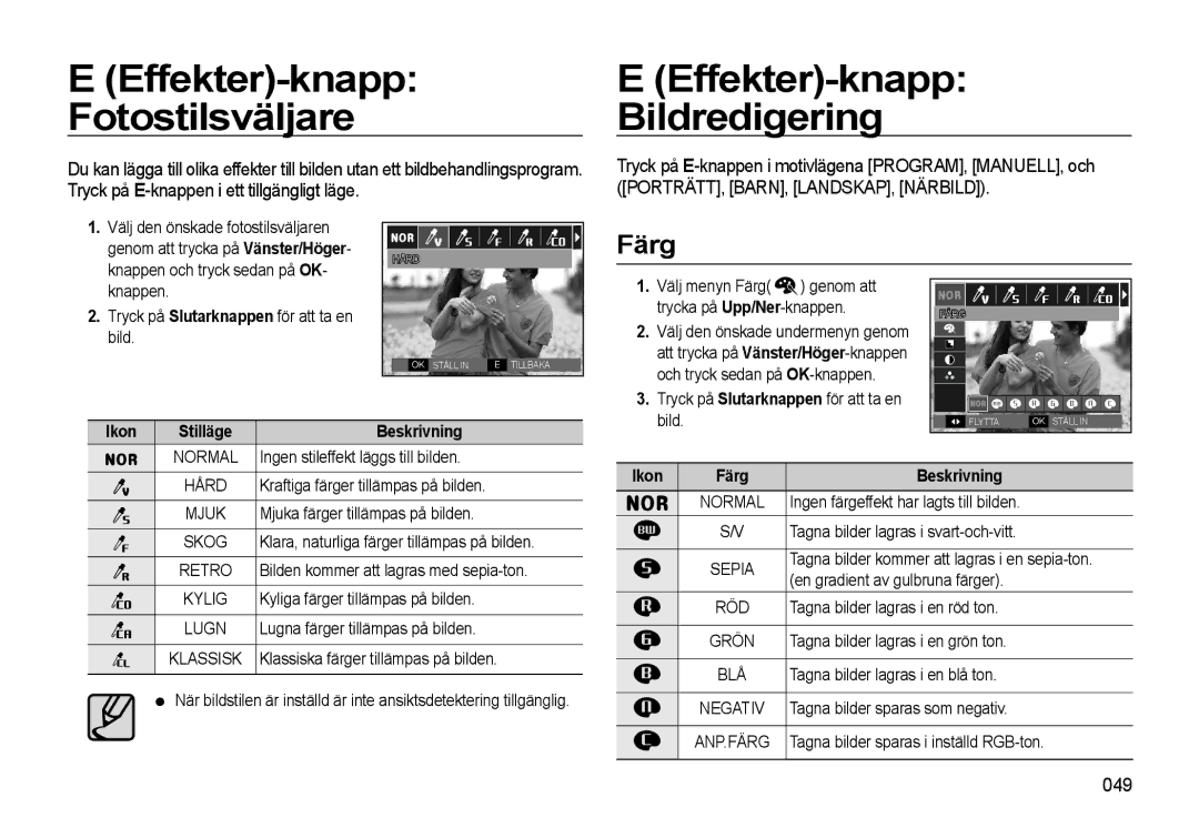 Samsung EC-WB550ABP/E2, EC-WB550BBP/E2 manual Effekter-knapp Fotostilsväljare, Effekter-knapp Bildredigering, Färg, 049 