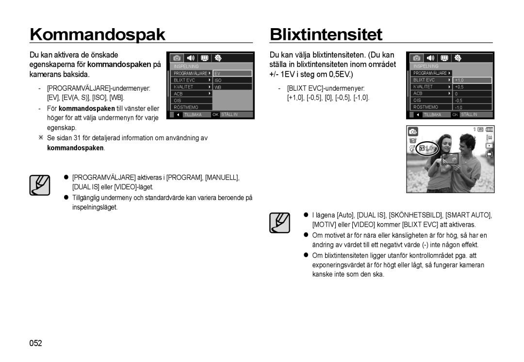 Samsung EC-WB550BBP/E2, EC-WB550ABP/E2 manual KommandospakBlixtintensitet, Du kan aktivera de önskade, 052, Kommandospaken 