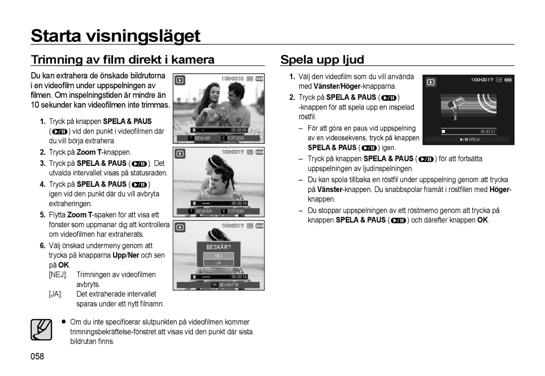 Samsung EC-WB550BBP/E2 Trimning av ﬁlm direkt i kamera Spela upp ljud, 058, Knappen för att spela upp en inspelad röstﬁl 