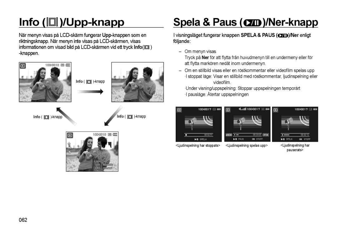 Samsung EC-WB550BBP/E2, EC-WB550ABP/E2 manual Info /Upp-knapp, Spela & Paus /Ner-knapp, 062, Om menyn visas 