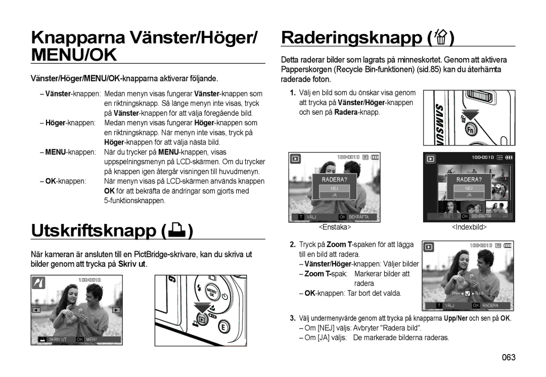 Samsung EC-WB550ABP/E2, EC-WB550BBP/E2 manual Knapparna Vänster/Höger, Raderingsknapp, Utskriftsknapp, 063 