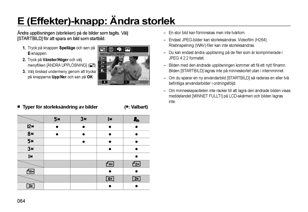 Samsung EC-WB550BBP/E2, EC-WB550ABP/E2 manual Effekter-knapp Ändra storlek, Typer för storleksändring av bilder Valbart, 064 