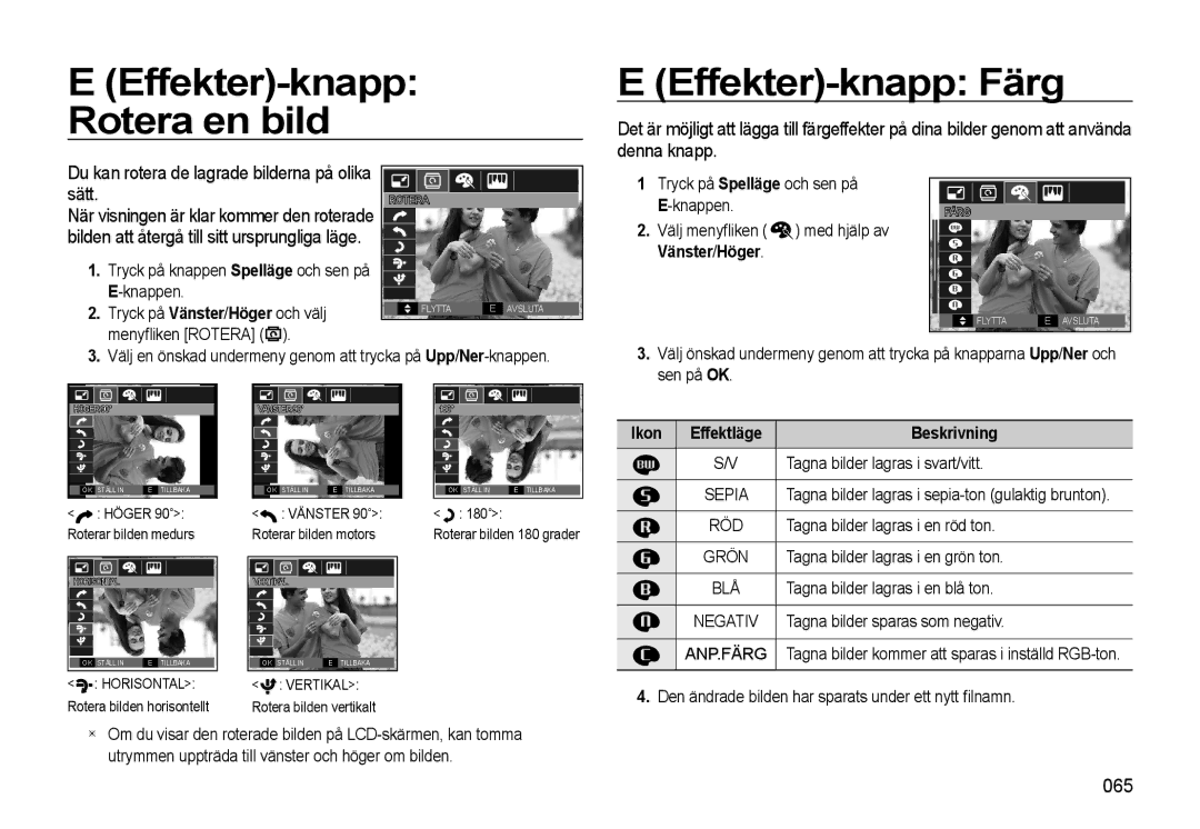 Samsung EC-WB550ABP/E2 manual Effekter-knapp Rotera en bild Effekter-knapp Färg, Sätt, 065, Ikon Effektläge Beskrivning 