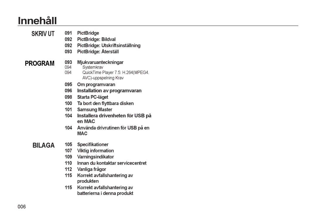 Samsung EC-WB550BBP/E2, EC-WB550ABP/E2 manual 006, Systemkrav, Korrekt avfallshantering av batterierna i denna produkt 