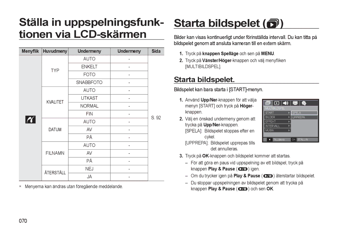 Samsung EC-WB550BBP/E2, EC-WB550ABP/E2 manual Ställa in uppspelningsfunk- tionen via LCD-skärmen, Starta bildspelet, 070 