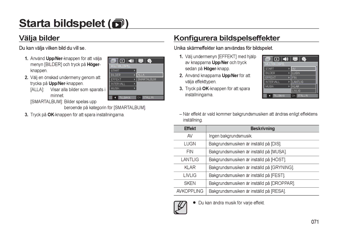 Samsung EC-WB550ABP/E2 manual Välja bilder, Konﬁgurera bildspelseffekter, Du kan välja vilken bild du vill se, 071 