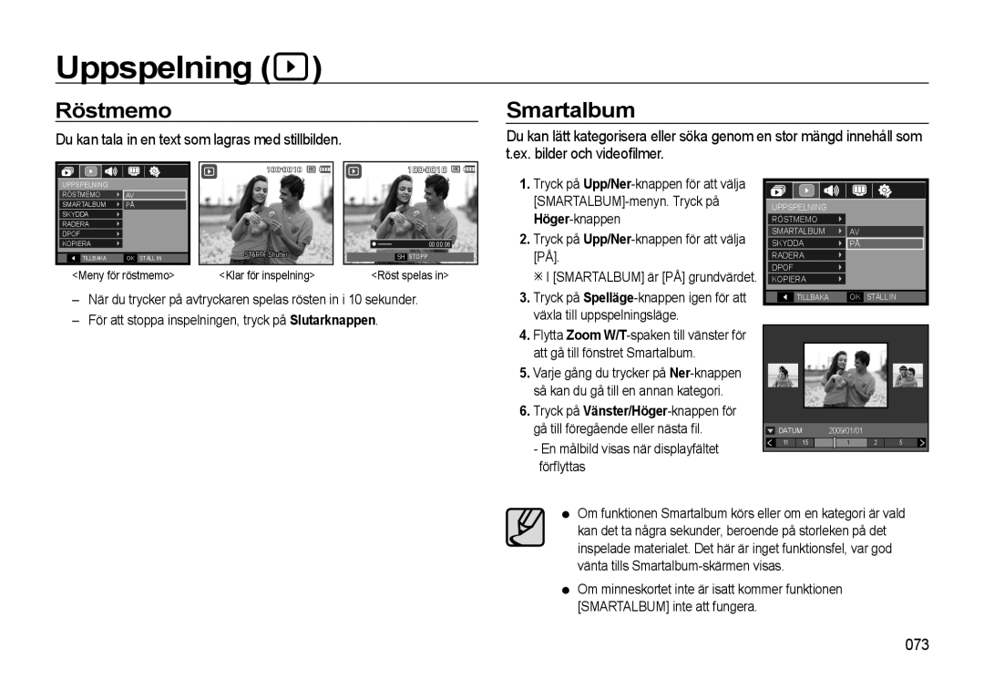 Samsung EC-WB550ABP/E2, EC-WB550BBP/E2 manual Uppspelning, Röstmemo Smartalbum, 073 