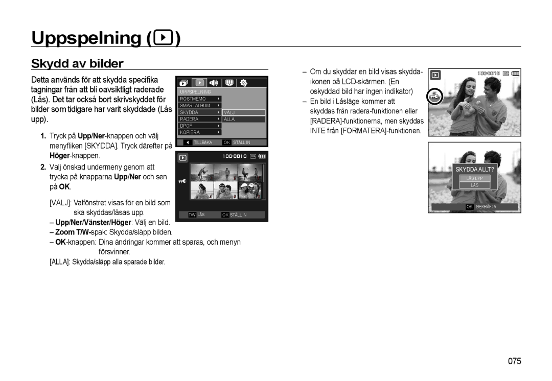 Samsung EC-WB550ABP/E2, EC-WB550BBP/E2 manual Skydd av bilder, 075, Upp/Ner/Vänster/Höger Välj en bild 