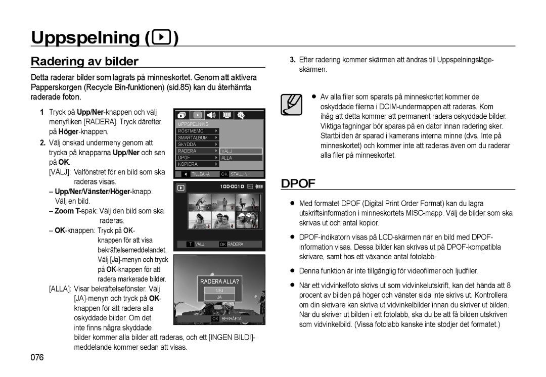 Samsung EC-WB550BBP/E2, EC-WB550ABP/E2 manual Radering av bilder, 076, Upp /Ner /Vänster /Höger -knapp 