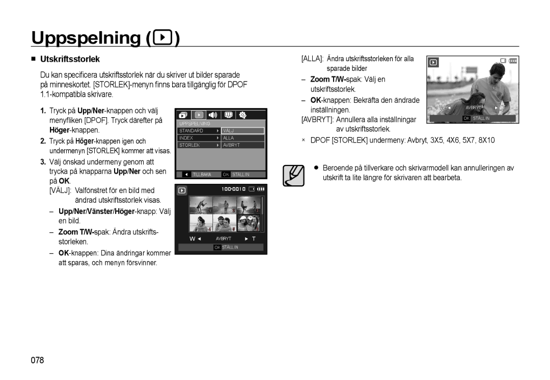 Samsung EC-WB550BBP/E2, EC-WB550ABP/E2 manual Utskriftsstorlek, 078 