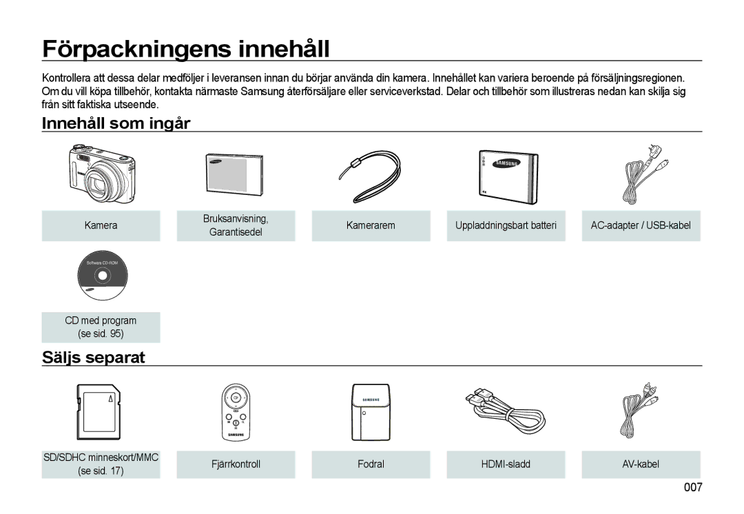 Samsung EC-WB550ABP/E2, EC-WB550BBP/E2 manual Förpackningens innehåll, Innehåll som ingår, Säljs separat, 007 