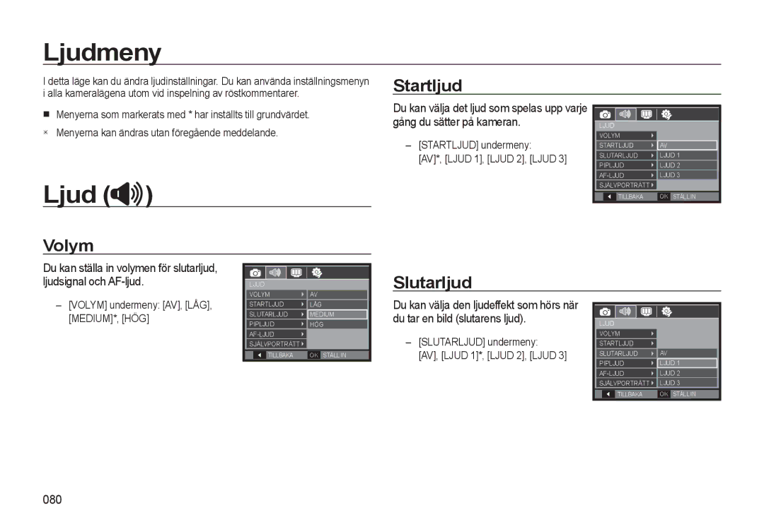 Samsung EC-WB550BBP/E2, EC-WB550ABP/E2 manual Ljudmeny, Startljud, Volym, Slutarljud 