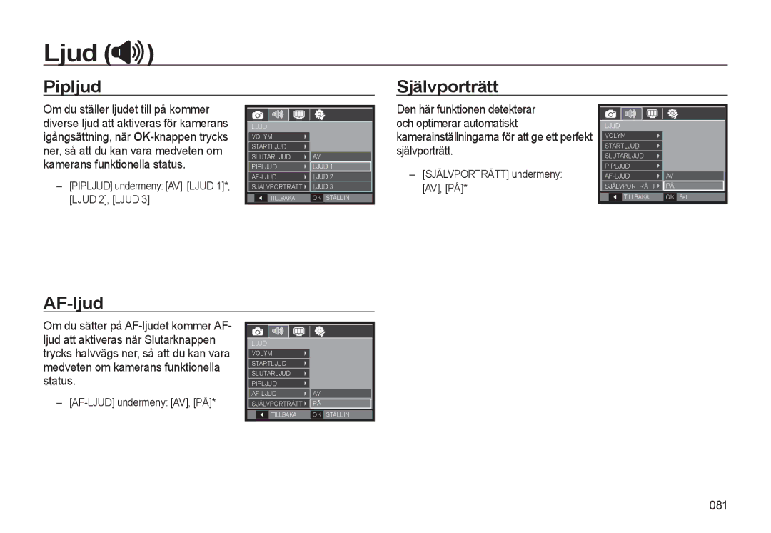 Samsung EC-WB550ABP/E2, EC-WB550BBP/E2 manual Pipljud Självporträtt, AF-ljud, 081 