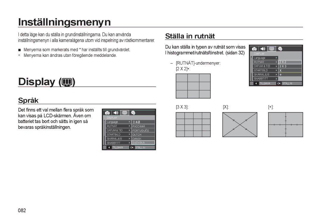 Samsung EC-WB550BBP/E2, EC-WB550ABP/E2 manual Inställningsmenyn, Display, Ställa in rutnät, Språk, 082 