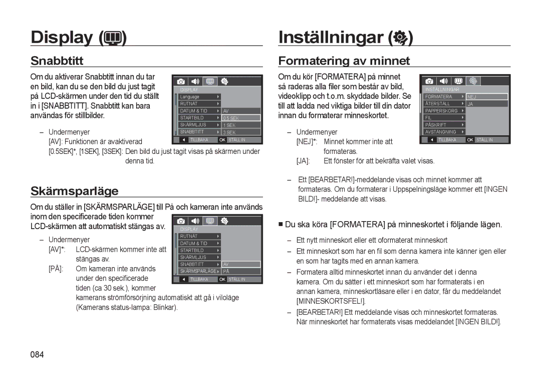 Samsung EC-WB550BBP/E2, EC-WB550ABP/E2 manual Inställningar, Skärmsparläge, Formatering av minnet, 084 