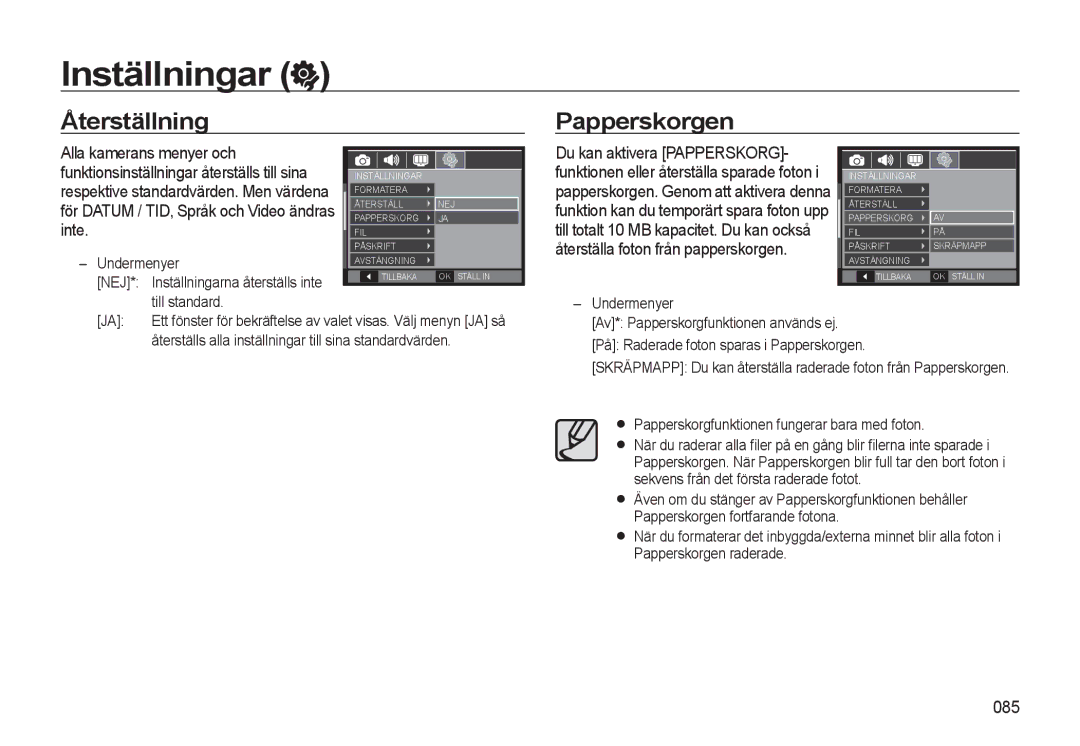 Samsung EC-WB550ABP/E2, EC-WB550BBP/E2 manual Återställning Papperskorgen, 085 