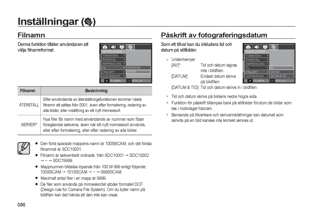 Samsung EC-WB550BBP/E2, EC-WB550ABP/E2 manual Filnamn Påskrift av fotograferingsdatum, 086, Filnamn Beskrivning 