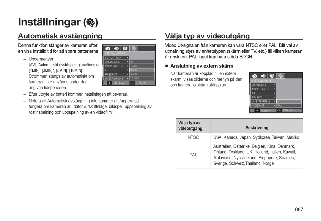 Samsung EC-WB550ABP/E2, EC-WB550BBP/E2 Automatisk avstängning Välja typ av videoutgång, Anslutning av extern skärm, 087 