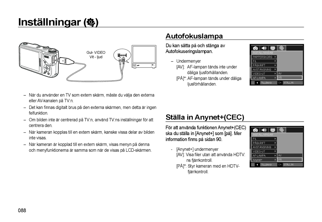 Samsung EC-WB550BBP/E2, EC-WB550ABP/E2 manual Autofokuslampa, Ställa in Anynet+CEC, Information ﬁnns på sidan, 088 