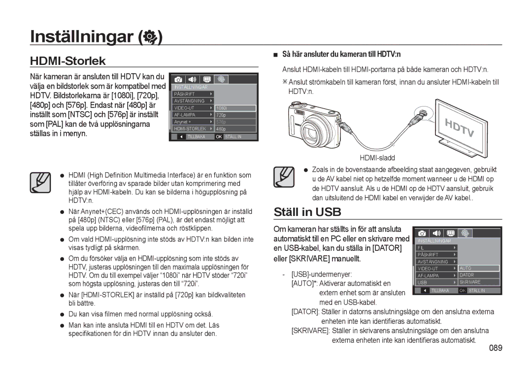 Samsung EC-WB550ABP/E2 HDMI-Storlek, Ställ in USB, Så här ansluter du kameran till HDTVn, Eller Skrivare manuellt, 089 