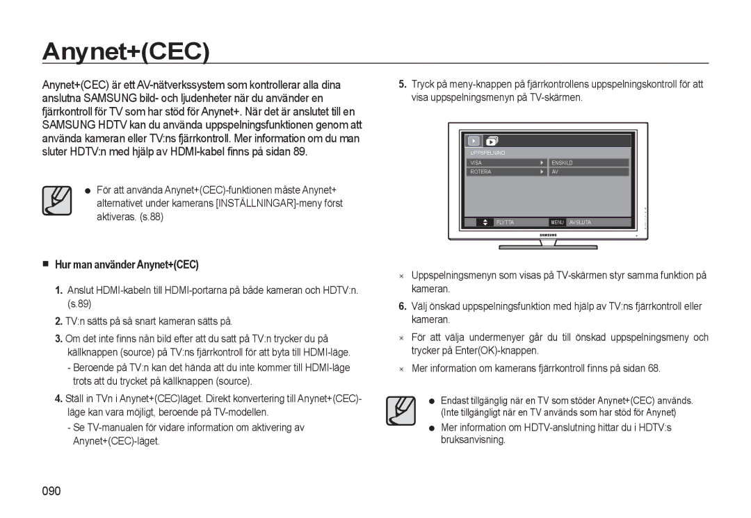 Samsung EC-WB550BBP/E2, EC-WB550ABP/E2 manual Hur man använder Anynet+CEC, 090 