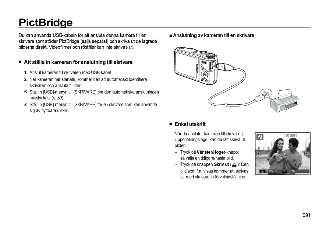 Samsung EC-WB550ABP/E2, EC-WB550BBP/E2 PictBridge, Att ställa in kameran för anslutning till skrivare, Enkel utskrift, 091 