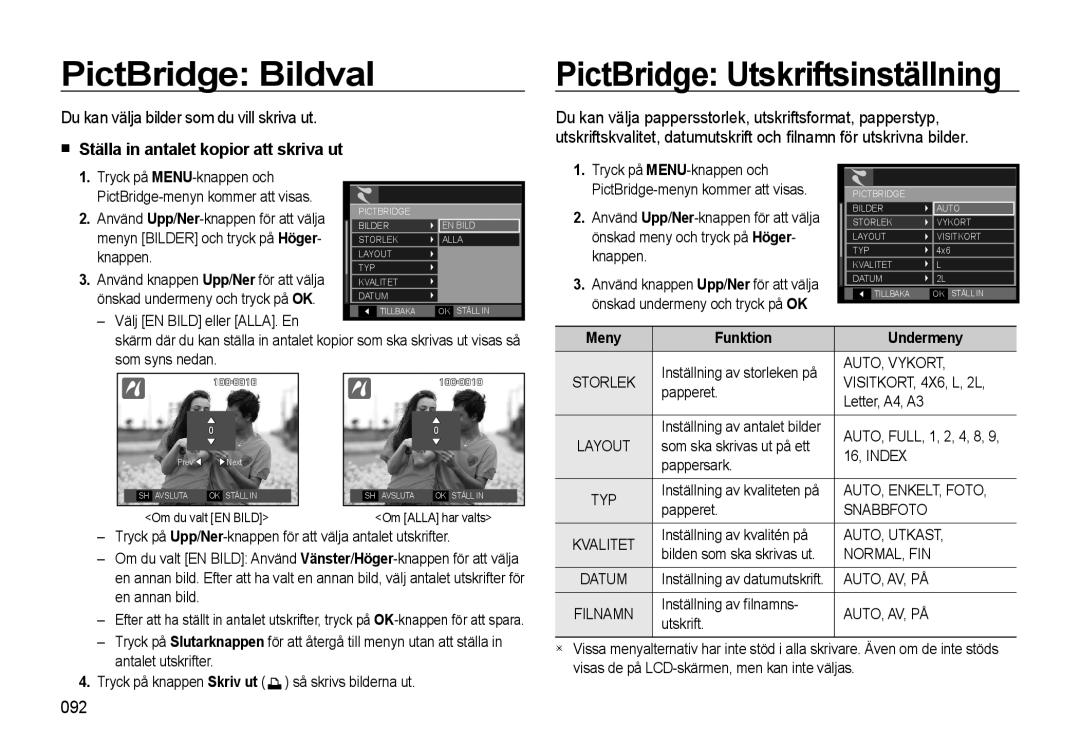 Samsung EC-WB550BBP/E2 PictBridge Bildval, PictBridge Utskriftsinställning, Du kan välja bilder som du vill skriva ut, 092 