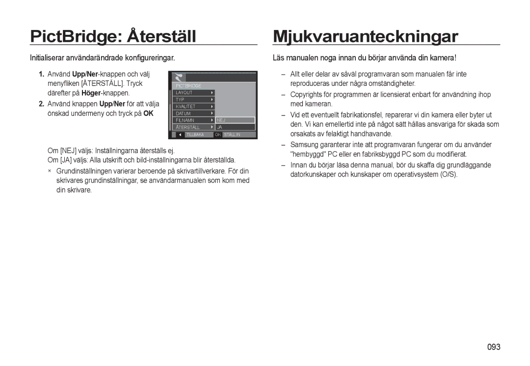 Samsung EC-WB550ABP/E2 manual PictBridge Återställ, Mjukvaruanteckningar, Initialiserar användarändrade konﬁgureringar, 093 