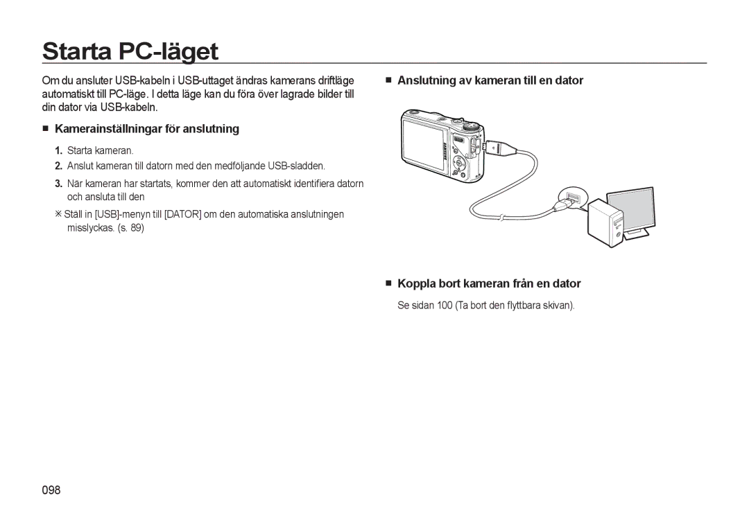 Samsung EC-WB550BBP/E2, EC-WB550ABP/E2 Starta PC-läget, Din dator via USB-kabeln, Kamerainställningar för anslutning, 098 