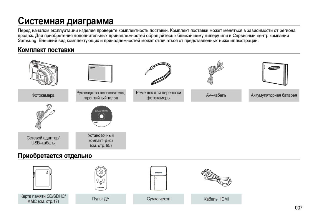 Samsung EC-WB550ABP/RU, EC-WB550BBP/RU manual Системная диаграмма, Комплект поставки, Приобретается отдельно, 007 