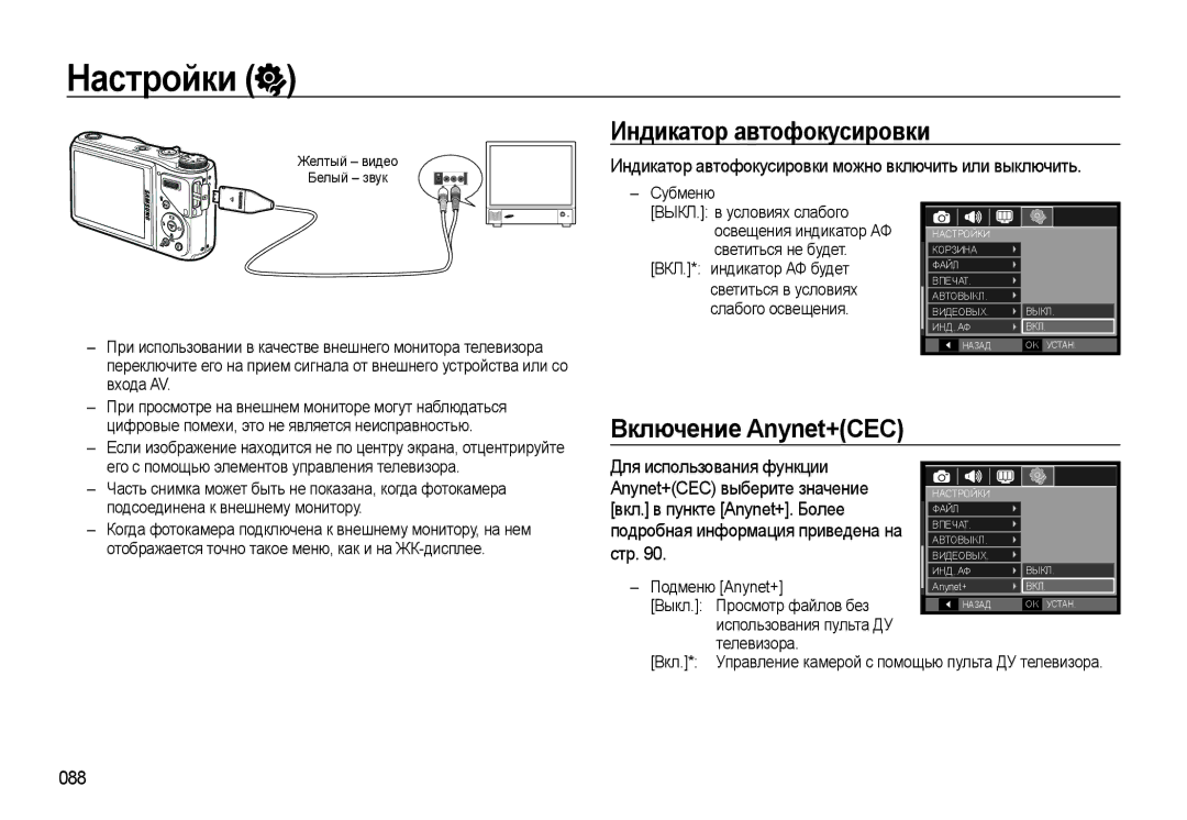 Samsung EC-WB550BBP/RU, EC-WB550ABP/RU manual Индикатор автофокусировки, Включение Anynet+CEC, 088 