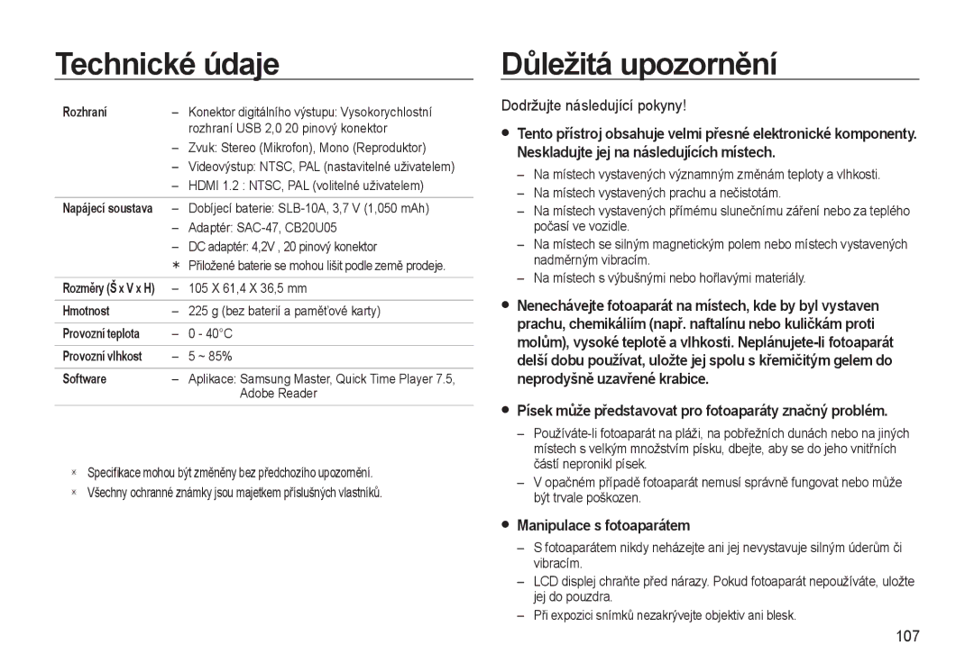 Samsung EC-WB550BBP/E1, EC-WB550ABP/E1 Důležitá upozornění, Dodržujte následující pokyny, Manipulace s fotoaparátem, 107 