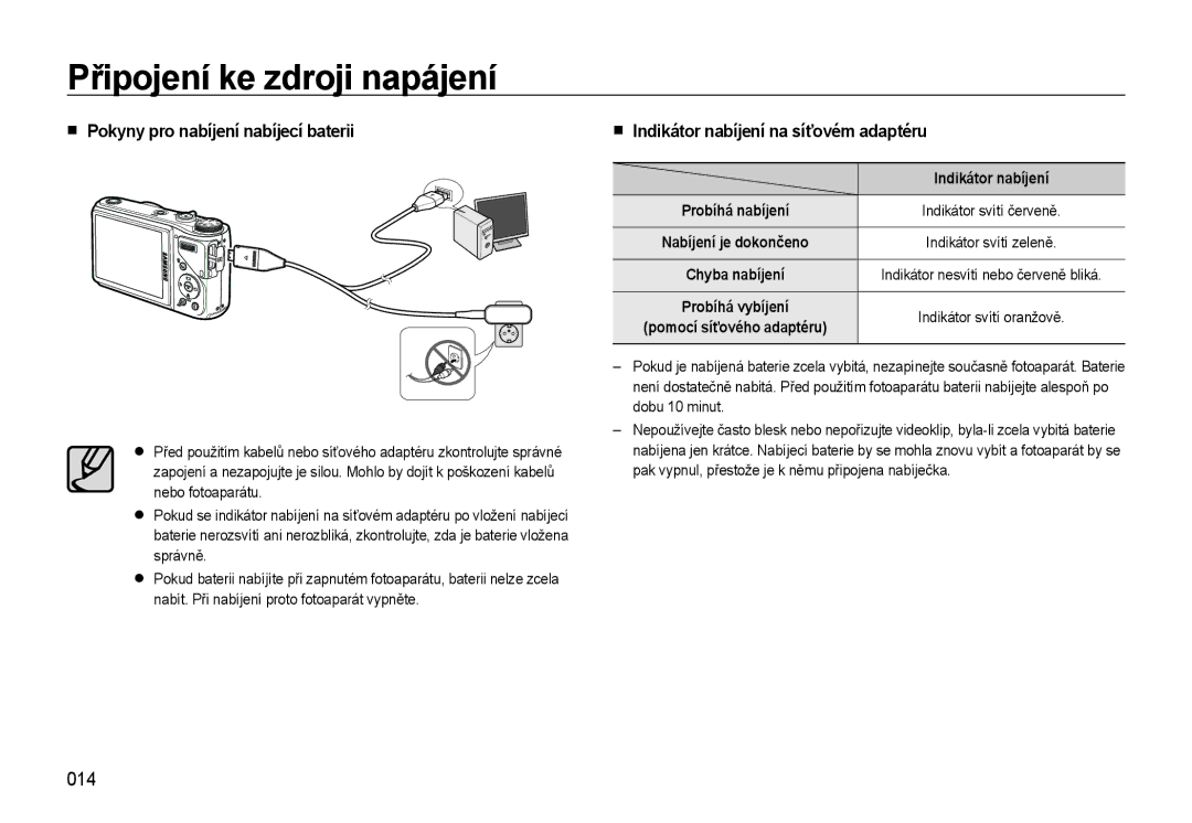 Samsung EC-WB550BBP/E3, EC-WB550BBP/E1 014, Pokyny pro nabíjení nabíjecí baterii, Indikátor nabíjení na síťovém adaptéru 