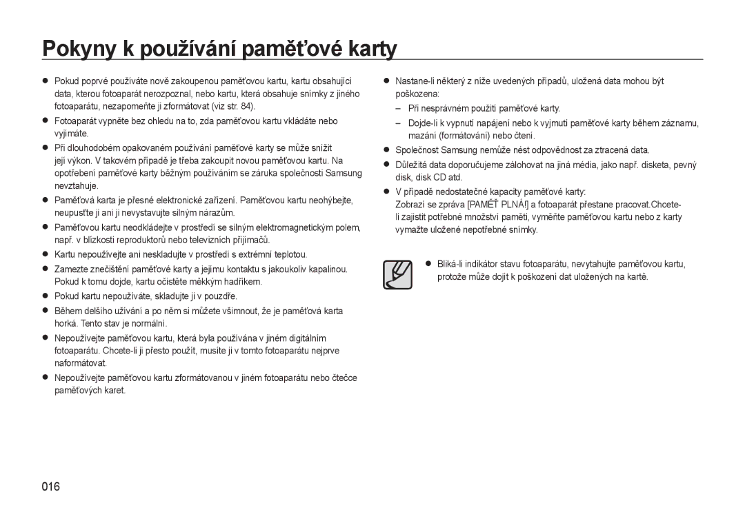 Samsung EC-WB550ABP/E1, EC-WB550BBP/E1, EC-WB550ABP/E3, EC-WB550BBP/E3 manual Pokyny k používání paměťové karty, 016 