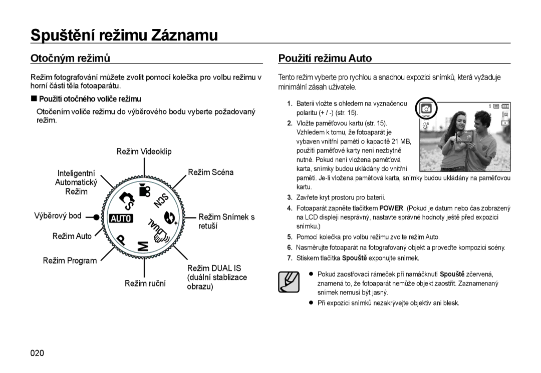 Samsung EC-WB550ABP/E1, EC-WB550BBP/E1 manual Spuštění režimu Záznamu, Režim Videoklip, Režim Scéna, Výběrový bod, 020 