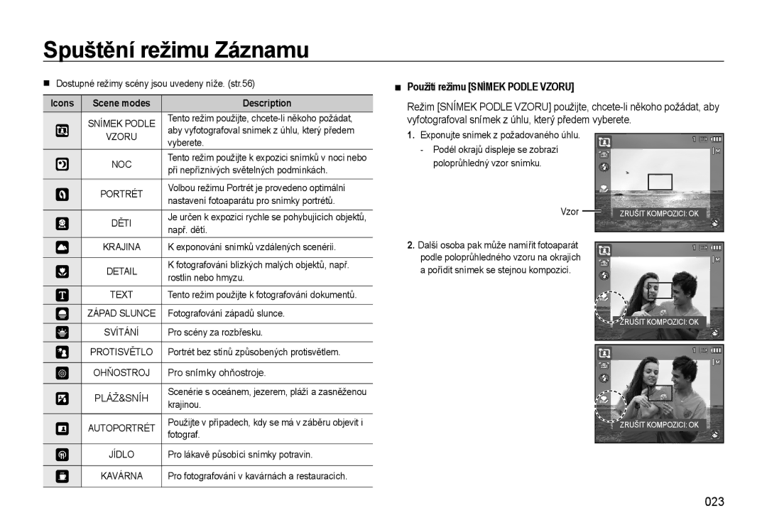 Samsung EC-WB550BBP/E1, EC-WB550ABP/E1, EC-WB550ABP/E3 manual 023, Použití režimu Snímek Podle Vzoru, Icons, Description 