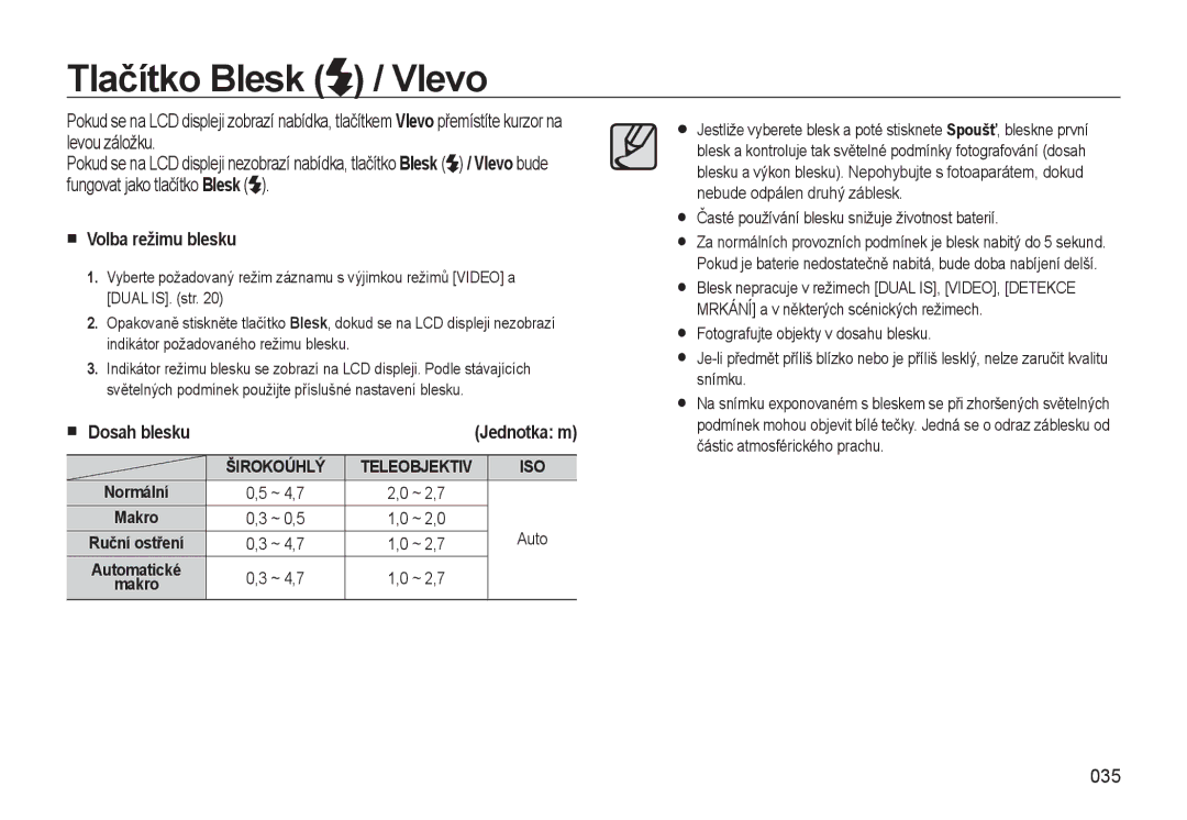 Samsung EC-WB550BBP/E1, EC-WB550ABP/E1 manual Tlačítko Blesk / Vlevo, Volba režimu blesku, 035, Dosah blesku, Jednotka m 