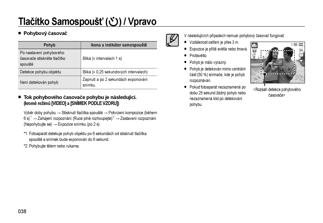 Samsung EC-WB550BBP/E3, EC-WB550BBP/E1, EC-WB550ABP/E1, EC-WB550ABP/E3 manual Pohybový časovač, 038 