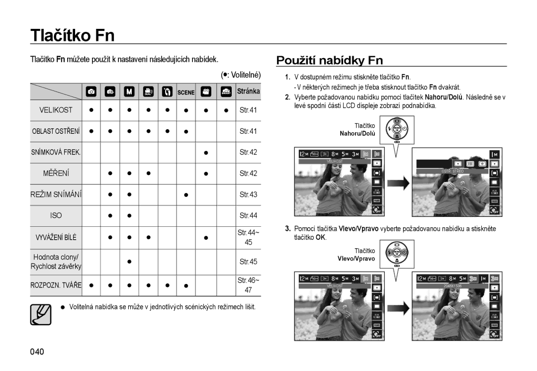 Samsung EC-WB550ABP/E1, EC-WB550BBP/E1, EC-WB550ABP/E3, EC-WB550BBP/E3 manual Tlačítko Fn, Použití nabídky Fn, 040 