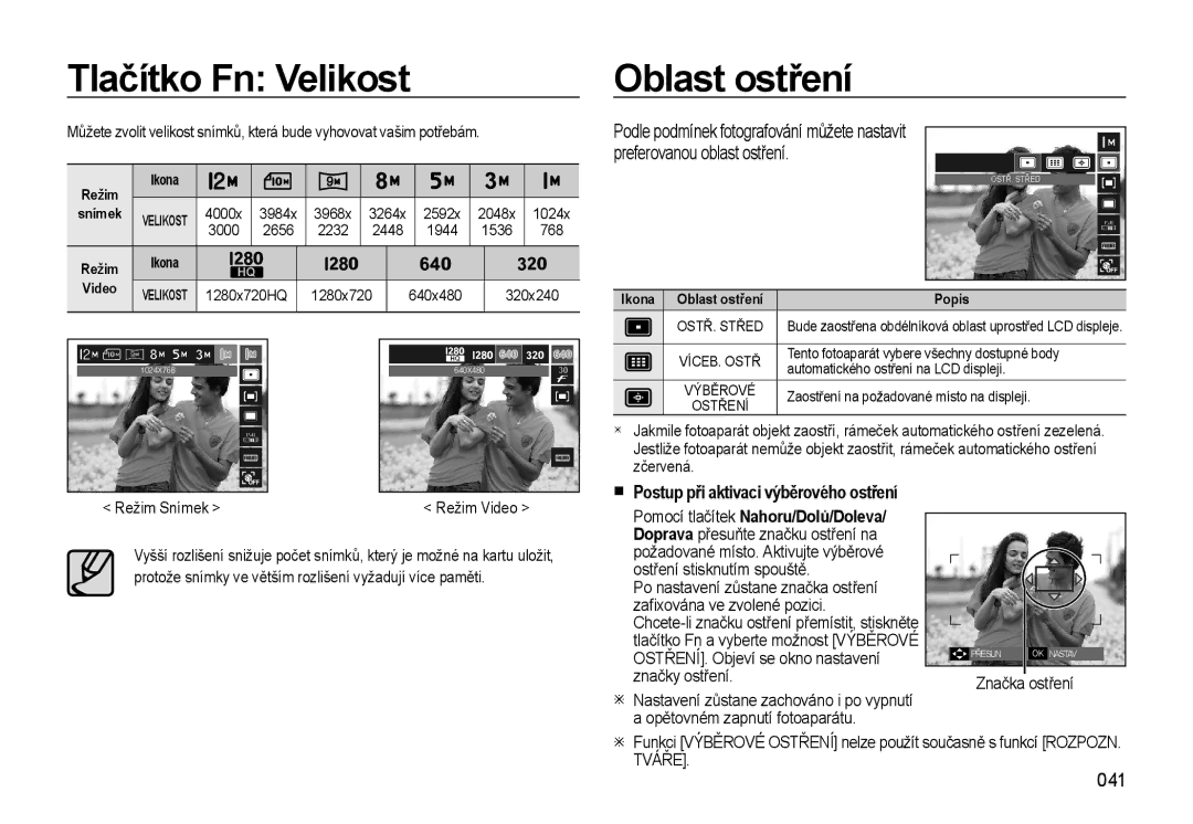 Samsung EC-WB550ABP/E3, EC-WB550BBP/E1 manual Tlačítko Fn Velikost Oblast ostření, Preferovanou oblast ostření, 041 