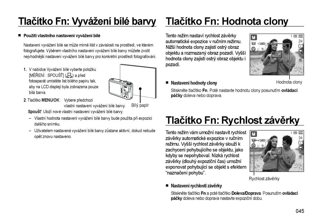 Samsung EC-WB550ABP/E3 manual Tlačítko Fn Vyvážení bílé barvy Tlačítko Fn Hodnota clony, Tlačítko Fn Rychlost závěrky, 045 