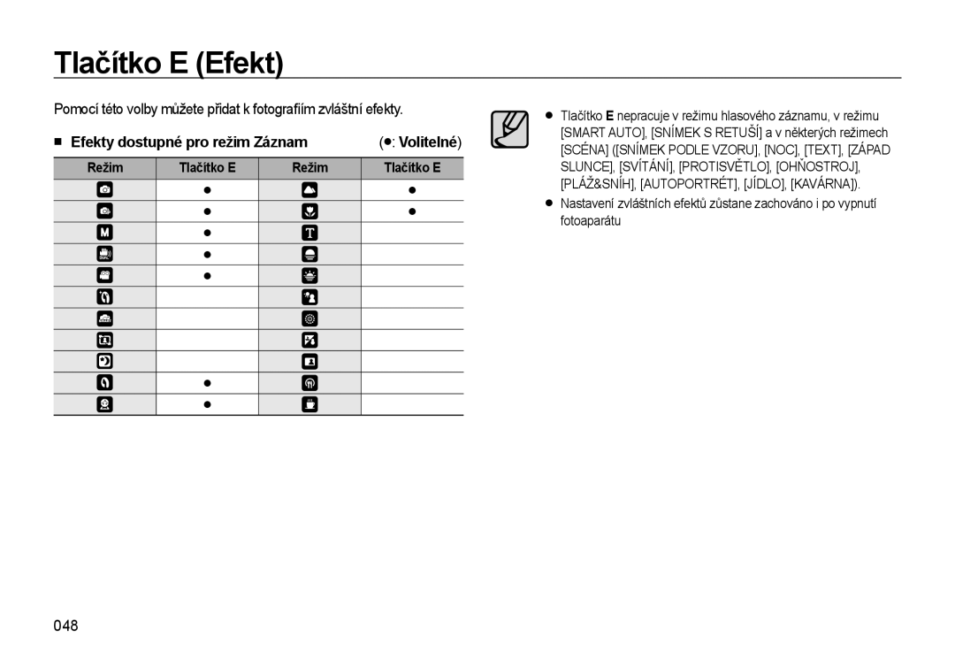 Samsung EC-WB550ABP/E1 manual Tlačítko E Efekt, Efekty dostupné pro režim Záznam, 048, Volitelné, Režim Tlačítko E 