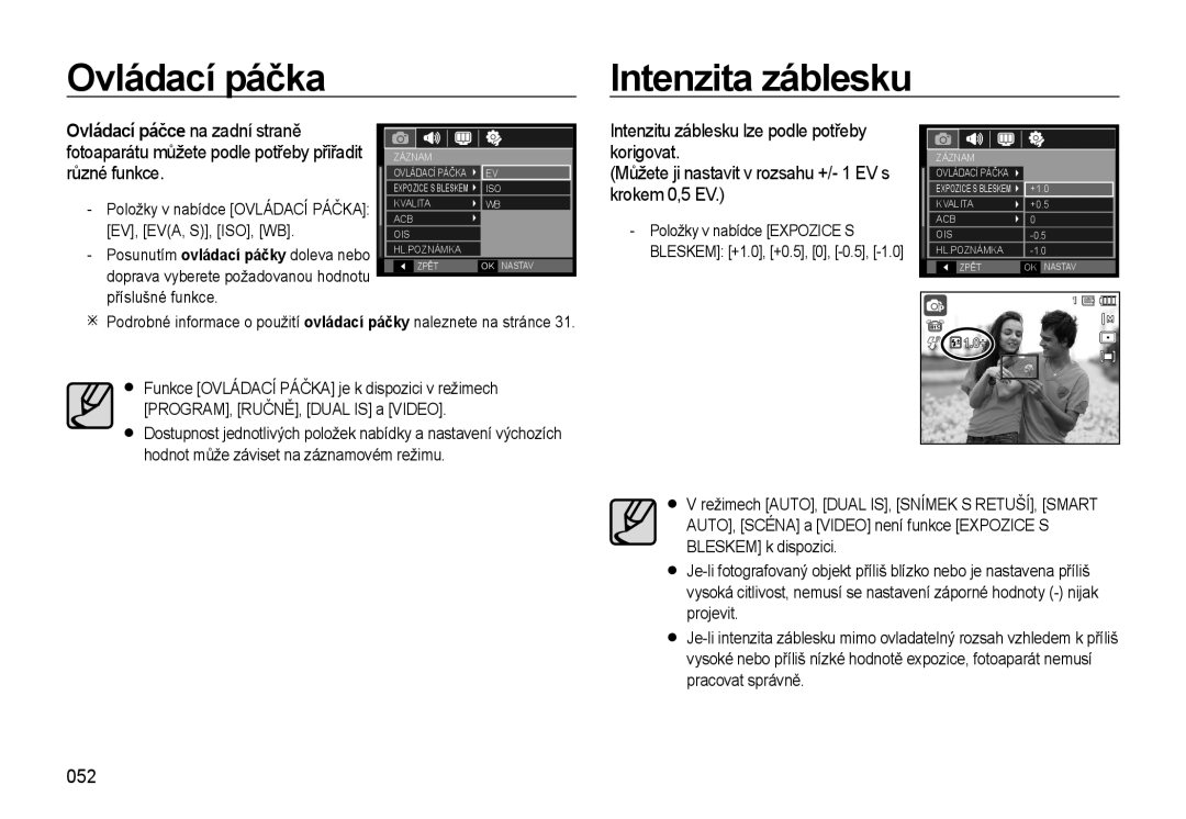 Samsung EC-WB550ABP/E1, EC-WB550BBP/E1, EC-WB550ABP/E3, EC-WB550BBP/E3 manual Ovládací páčka Intenzita záblesku, 052 