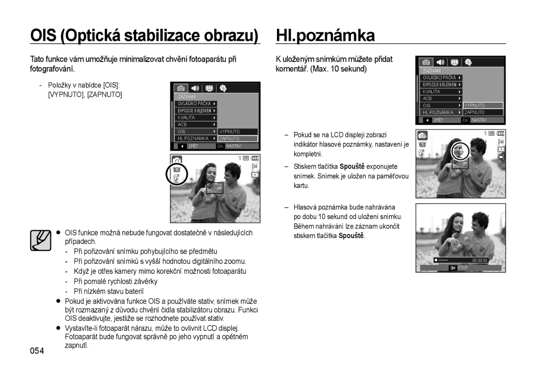 Samsung EC-WB550BBP/E3, EC-WB550BBP/E1, EC-WB550ABP/E1, EC-WB550ABP/E3 manual OIS Optická stabilizace obrazu Hl.poznámka, 054 