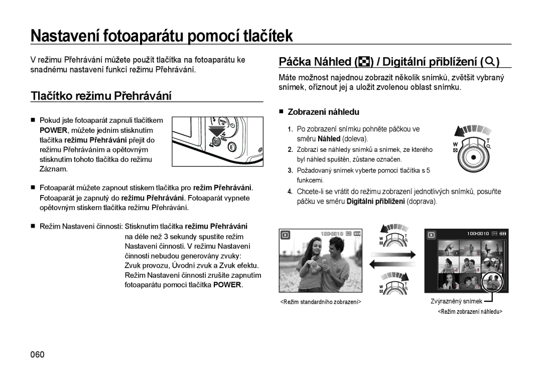 Samsung EC-WB550ABP/E1 manual Nastavení fotoaparátu pomocí tlačítek, Tlačítko režimu Přehrávání, Zobrazení náhledu, 060 