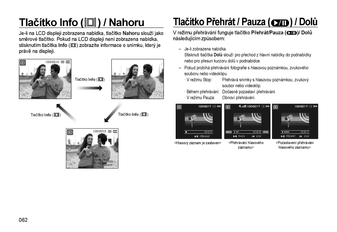 Samsung EC-WB550BBP/E3 Tlačítko Info / Nahoru, 062, Soubor nebo videoklip, · Během přehrávání Dočasně pozastaví přehrávání 