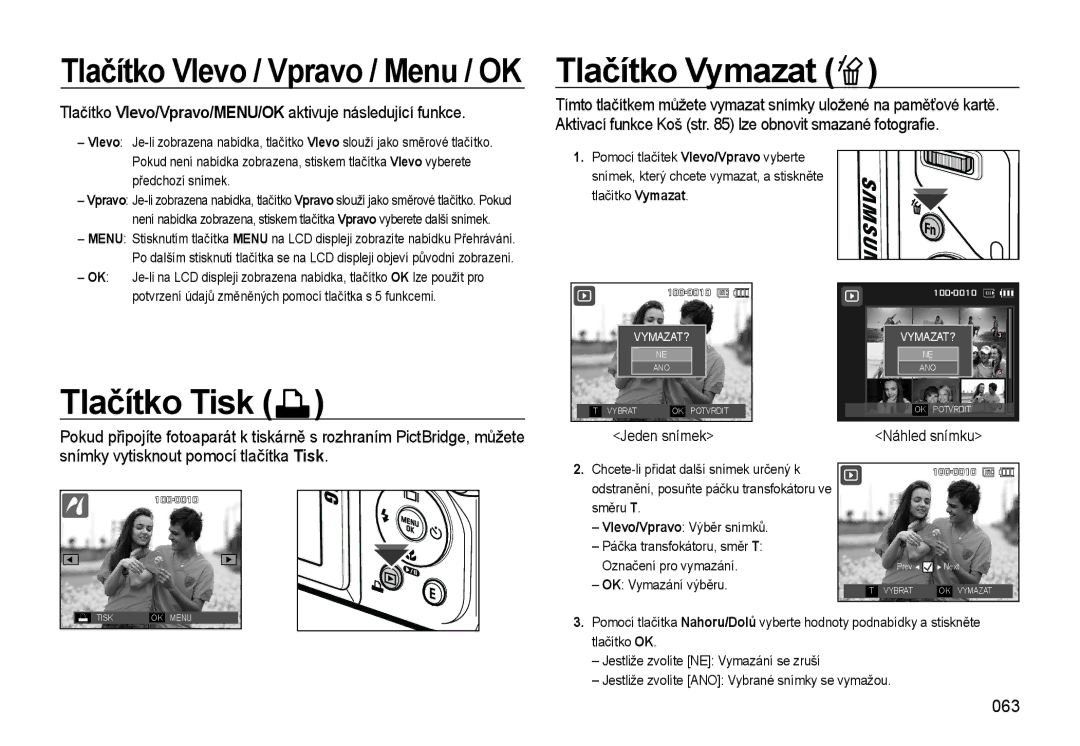 Samsung EC-WB550BBP/E1, EC-WB550ABP/E1, EC-WB550ABP/E3, EC-WB550BBP/E3 manual Tlačítko Vymazat, Tlačítko Tisk, 063 